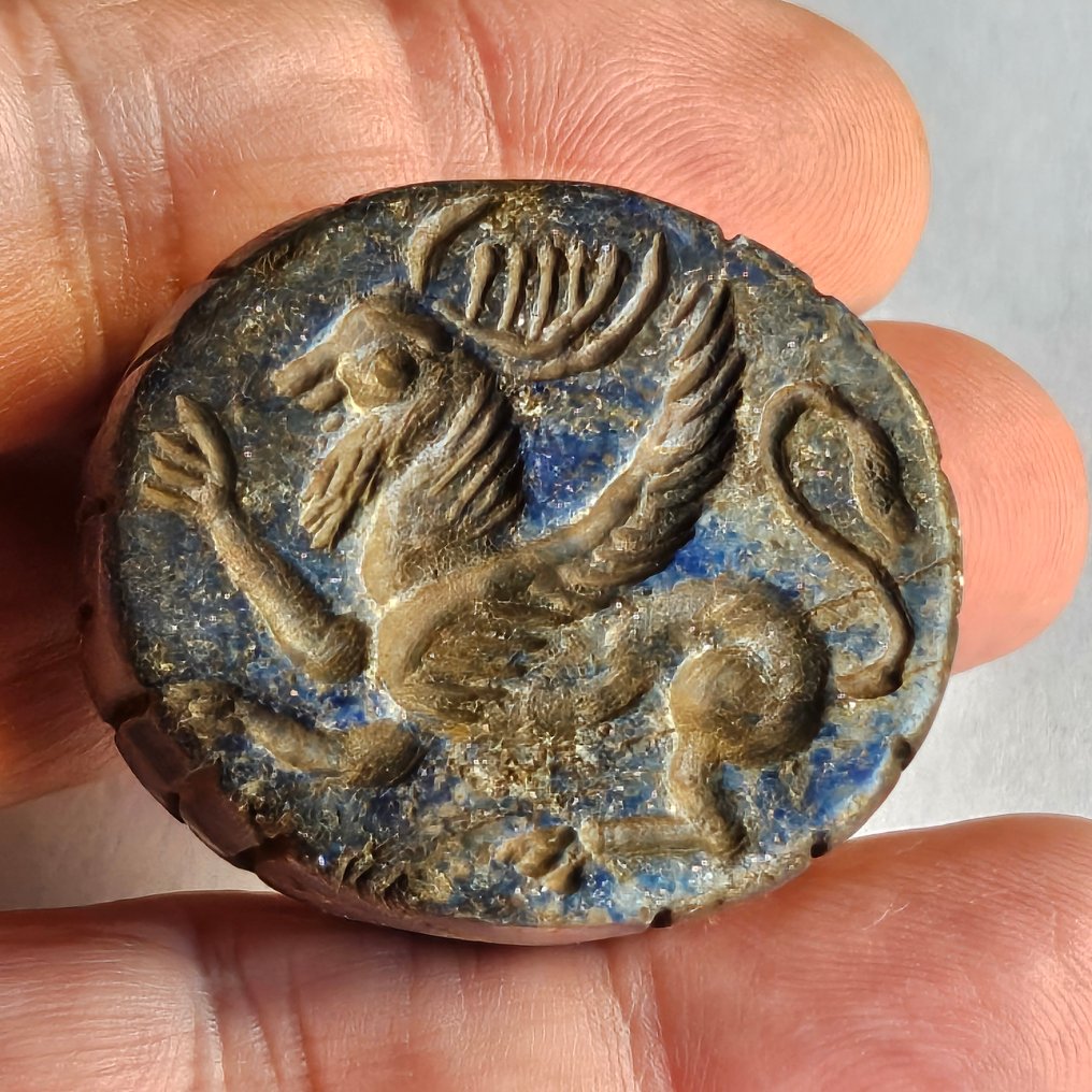 丝绸之路,中亚的 青金石 有翼的神话动物海豹珠子护符 - 32 mm #1.0