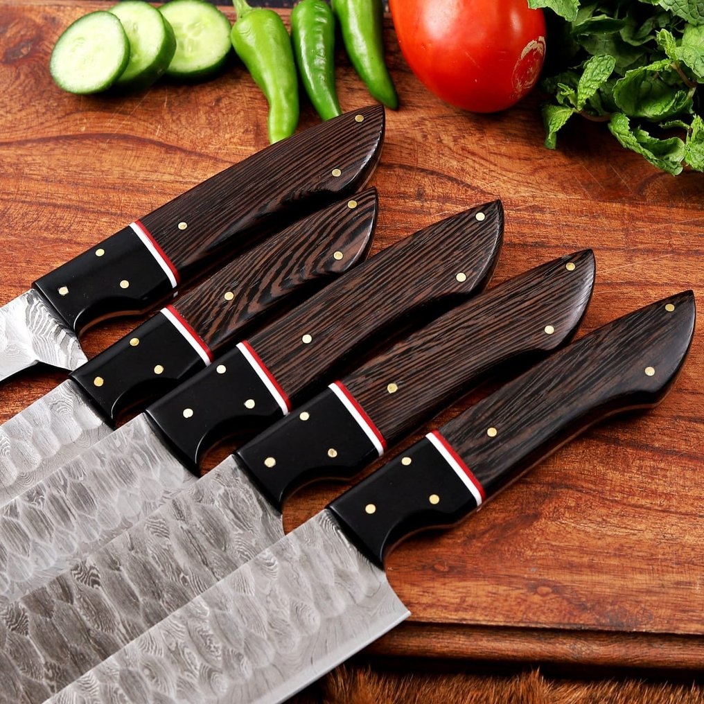 Damascus steel - Coltello da cucina - Utility knife - Cuscino in acrilico, distanziatore in fibra e legno vengai - Regno Unito - Fatto a mano #3.2