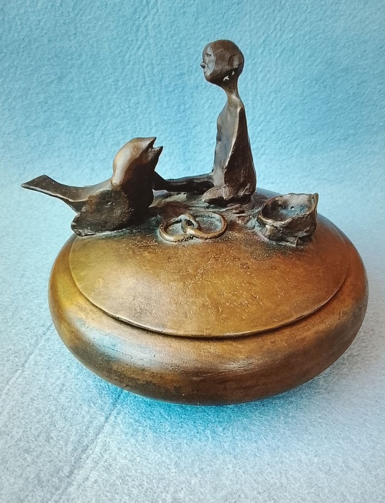 Scultura, Bambino con uccellino - 17 cm - Bronzo #1.0
