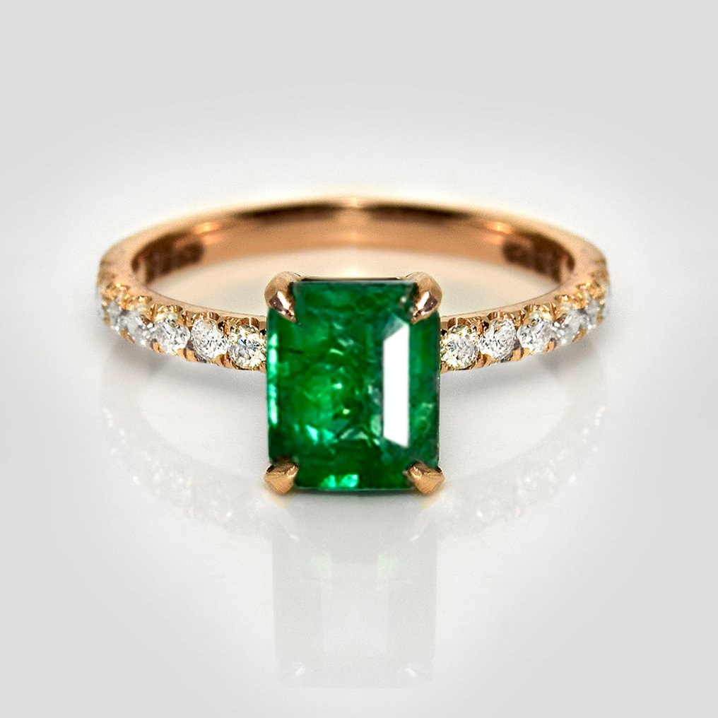 沒有保留價 - 戒指 - 14 克拉 玫瑰金, HRD 1.28 克拉 浓郁绿色 - 1.54ct. tw. 祖母綠 - 鉆石 #1.0