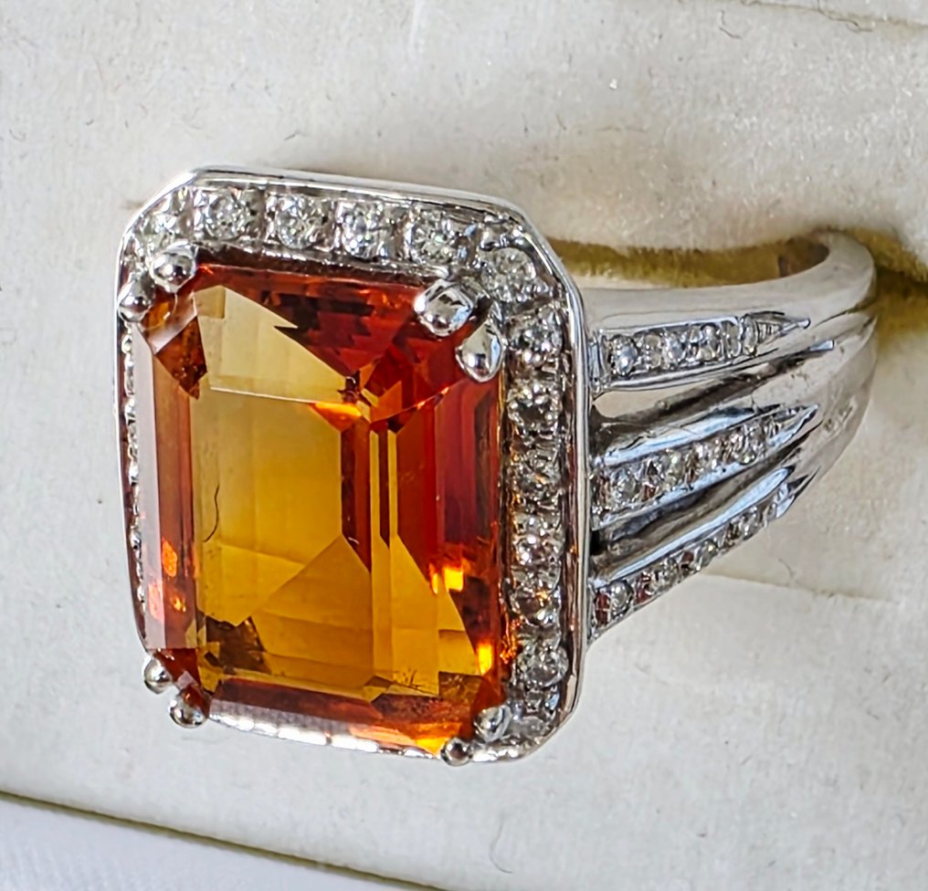 鸡尾酒戒指 - 18K包金 白金 -  11.90ct. tw. 黄水晶 - 钻石 - 橙色-金色-浓烈 #1.0