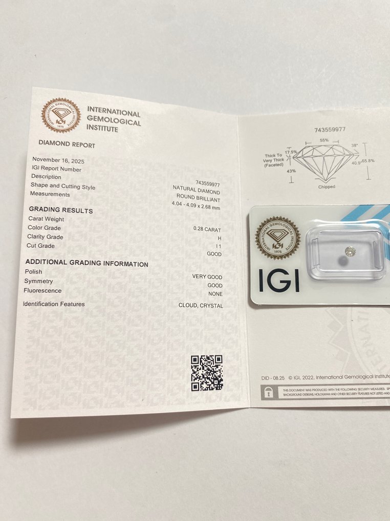 沒有保留價 - 1 pcs 鑽石  (天然)  - 0.28 ct - 圓形 - H(次於白色的有色鑽石) - I1 - 國際寶石學院（International Gemological Institute (IGI)） #4.3