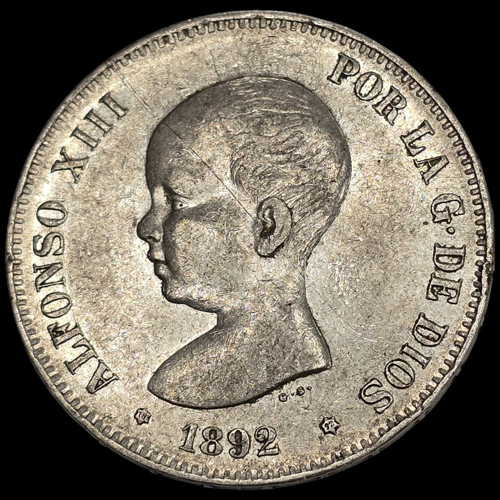Spanje. Alfonso XIII. 5 Pesetas 1892. PGM. *18-92*  (Zonder Minimumprijs) #1.0