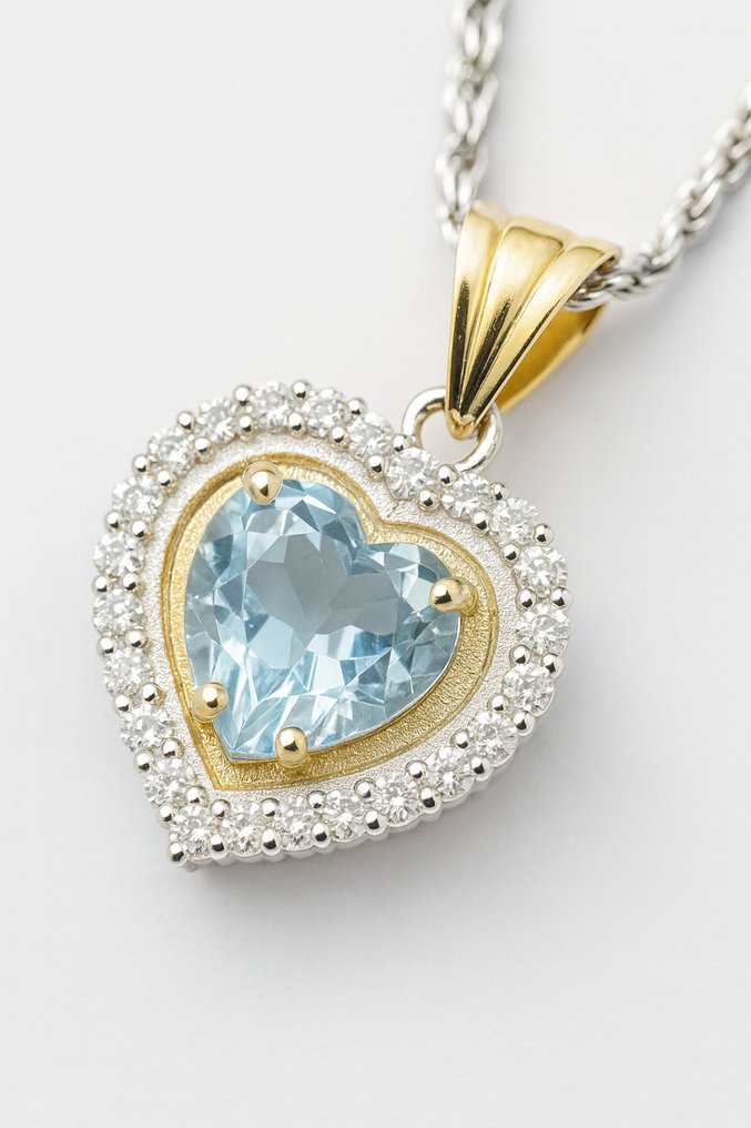 Sem preço de reserva - Colar com pingente - 18 K Ouro amarelo, Prata -  1.08ct. tw. Água-marinha - Diamante #2.1