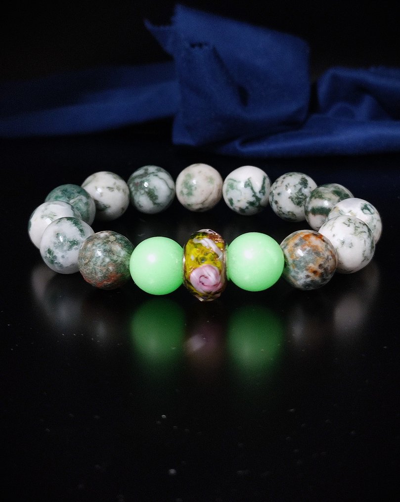 独家款式美丽的苔藓玛瑙配两块方解石和中心的穆拉诺珠手链，配有礼品盒。 - 手镯 #4.3