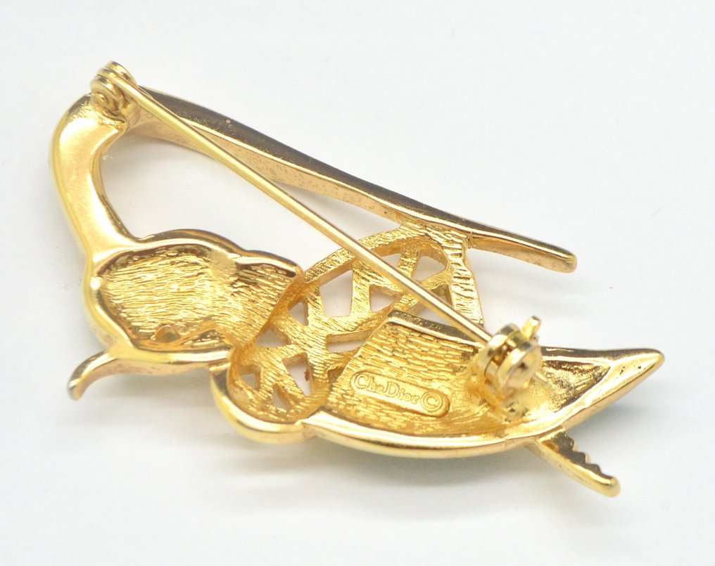 Christian Dior - Rare Vintage Green Enamel Poured Glass Goldtone Grasshopper - Brooch #3.2