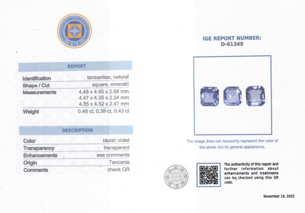 3 pcs Fiolett Tanzanitt - 1.30 ct - Instituto Gemólogico Español (IGE) #2.1