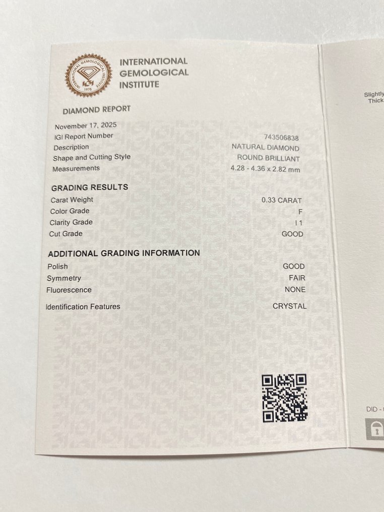 没有保留价 - 1 pcs 钻石  (天然)  - 0.33 ct - 圆形 - F - I1 内含一级 - 国际宝石研究院（IGI） #3.2