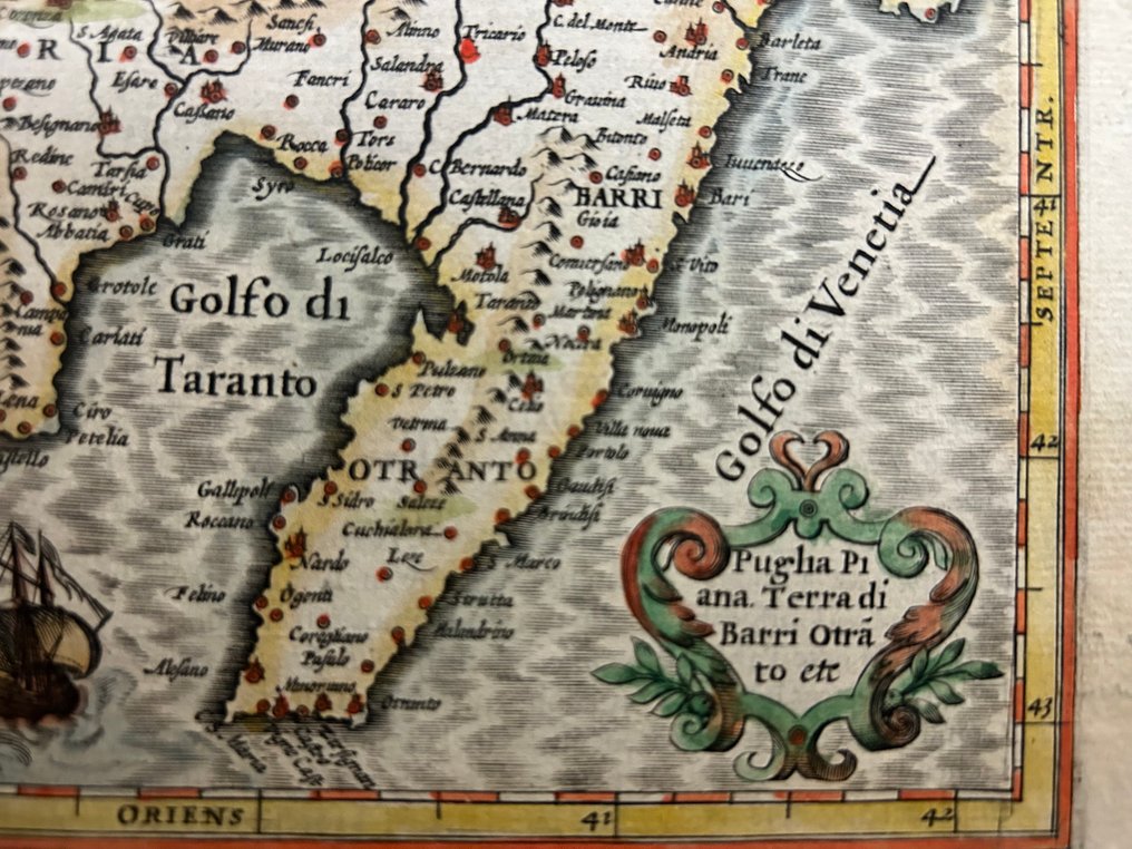 Italy - Gulf of Taranto, Strait of Otranto, and the main Apulian centers: Bari, Brindisi, Lecce.; Abraham Ortelius (1527-1598) - Povgle Piane, Pevcetie, ou Terre de Bari” - 1601-1620 #1.0