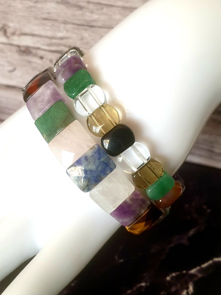 Tiger's Eye, 紫水晶, 透明石英, 玫瑰石英, 藏蓝石, 绿玛瑙, 黑玛瑙, 烟水晶 - 珠子 - 2件 #1.0