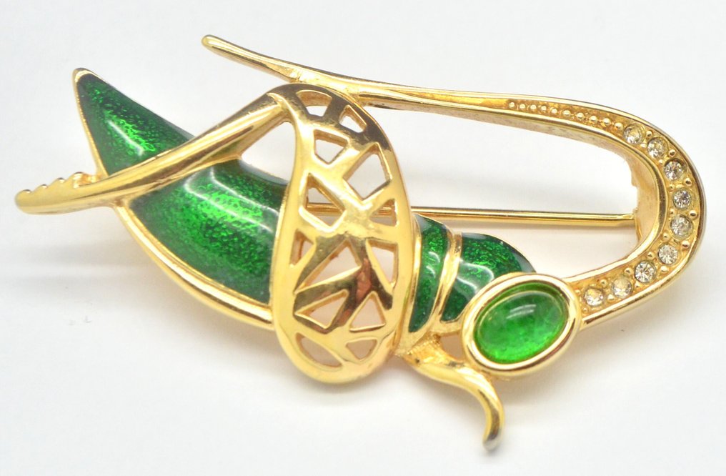 Christian Dior - Rare Vintage Green Enamel Poured Glass Goldtone Grasshopper - Brooch #2.1