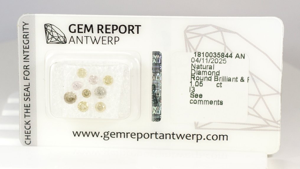 Sin precio de reserva - 9 pcs Diamante (Color natural) - 1.05 ct - Redondo - Light, Faint Amarillento, Grisáceo Gris - I3 - Gem Report Antwerp (GRA) #1.0