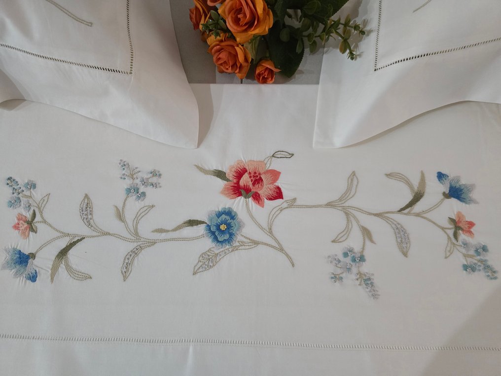 Set Lenzuola ricamate in puro cotone percalle Ricamo Punto pieno - Laken - 285 cm - 265 cm #3.2