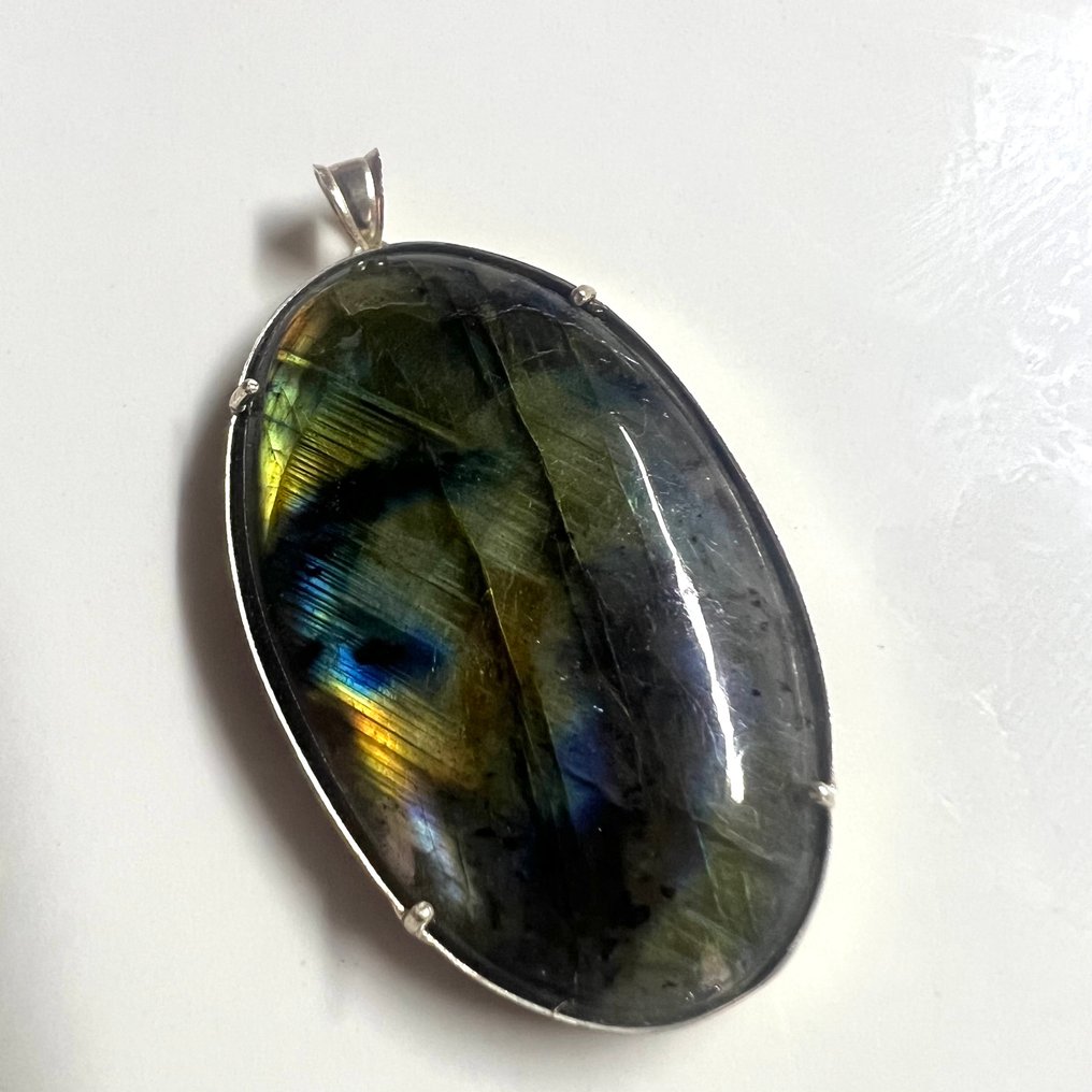 Labradorite Pingente de Prata Labradorite com 78 Carats e Combinações de Cores Incríveis - Altura: 50 mm - Largura: 26 mm- 15.6 g - (1) #4.3