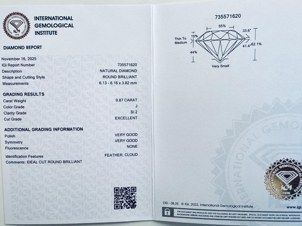 Nincs minimálár - 1 pcs Gyémánt (Természetes) - 0.87 ct - Kerek - J - SI2 - Nemzetközi Gemmológiai Intézet (IGI) #3.2