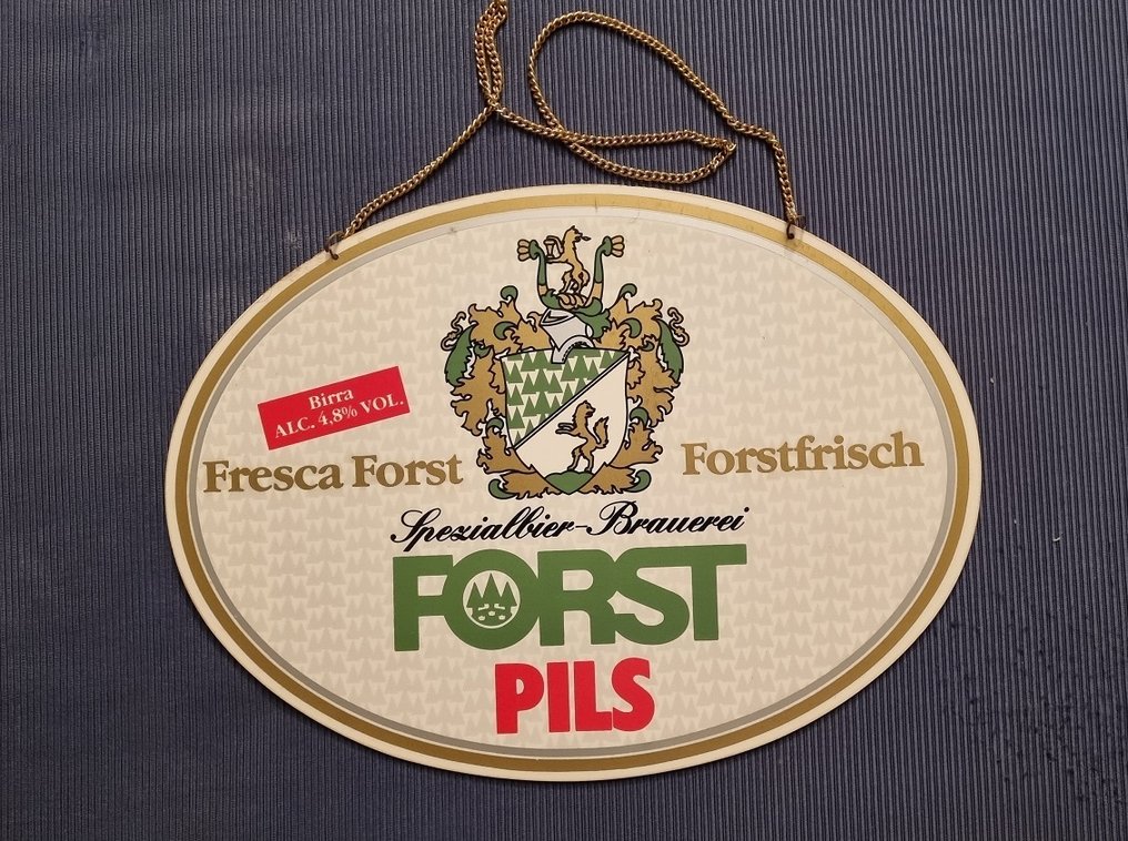 Ταμπέλα διαφημιστική μπύρας Forst, δεκαετία του 70, με αυθεντική αλυσίδα, 28x21. - Διαφημιστική πινακίδα - Πλαστικό #1.0