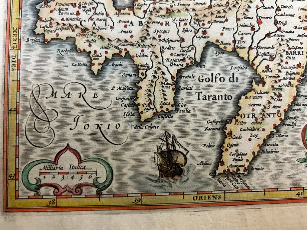 Italy - Gulf of Taranto, Strait of Otranto, and the main Apulian centers: Bari, Brindisi, Lecce.; Abraham Ortelius (1527-1598) - Povgle Piane, Pevcetie, ou Terre de Bari” - 1601-1620 #4.3