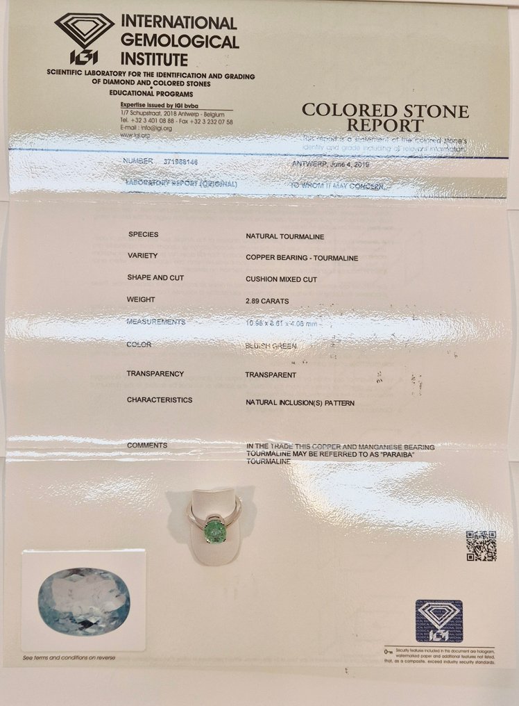 Inel - 18 ct. Aur alb Turmalină paraiba #1.0