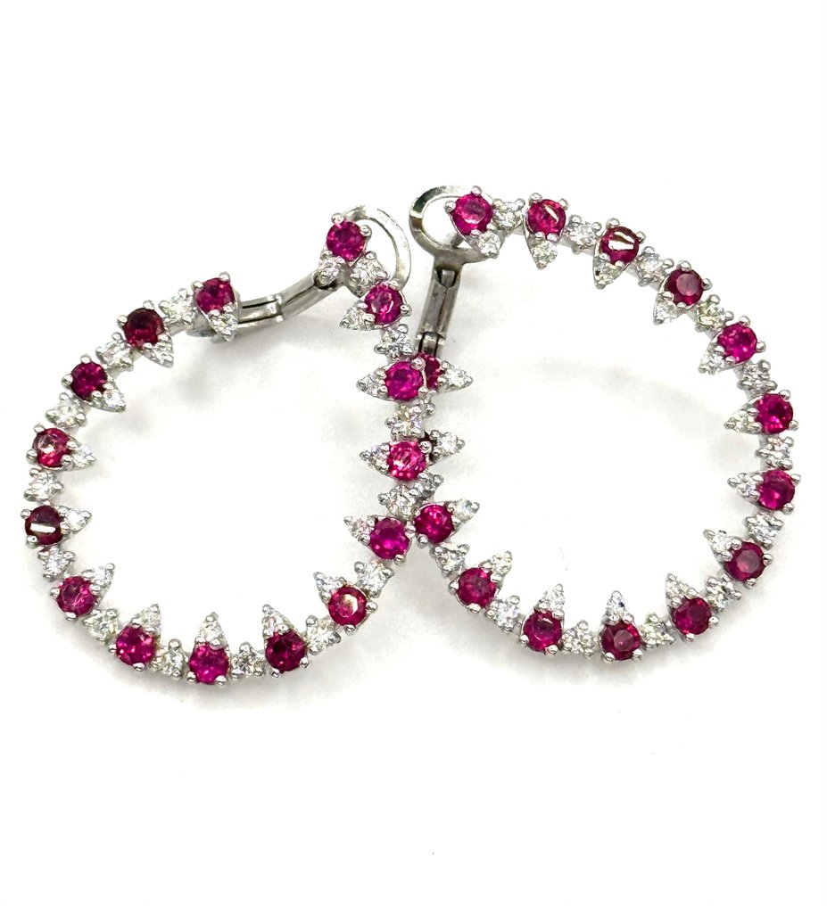 圈形耳环 - 18K包金 白金 - 4.70ct. tw. 红宝石 - 钻石 #2.1