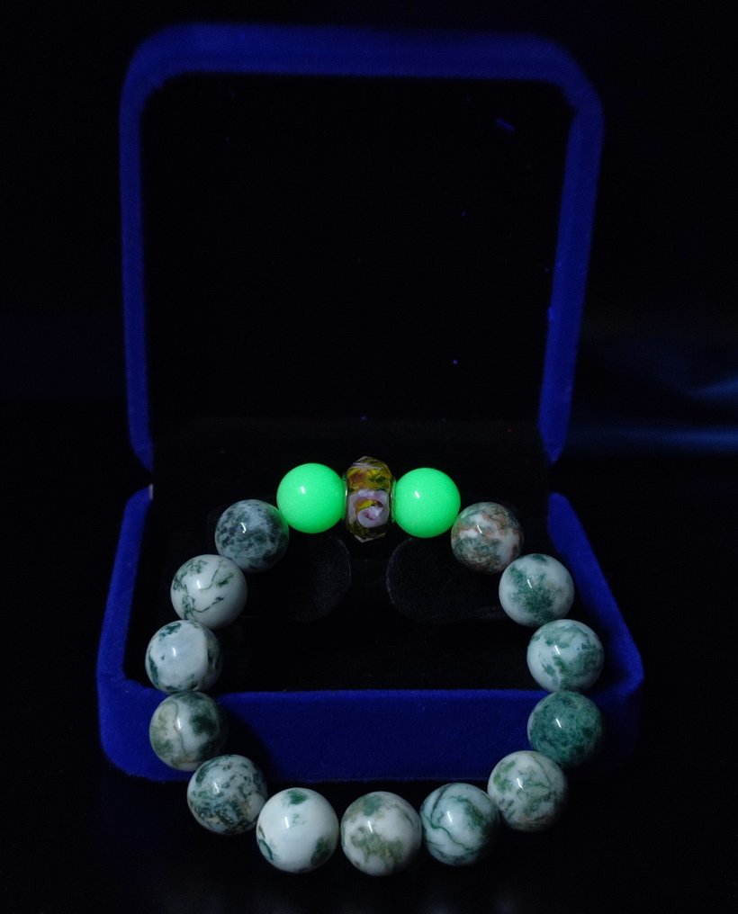 独家款式美丽的苔藓玛瑙配两块方解石和中心的穆拉诺珠手链，配有礼品盒。 - 手镯 #1.0