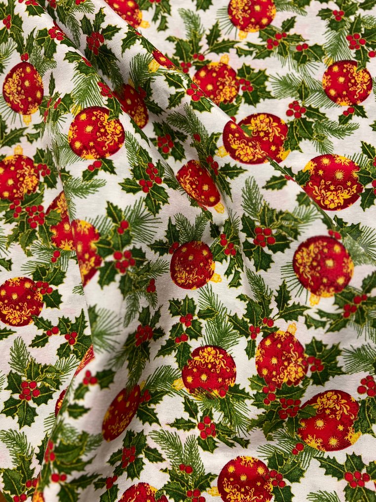 Julestoff med einerblad og julekuler. - Tekstil - 280 cm - 250 cm #2.1
