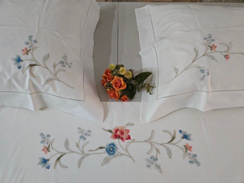 Set Lenzuola ricamate in puro cotone percalle Ricamo Punto pieno - Laken - 285 cm - 265 cm #2.1