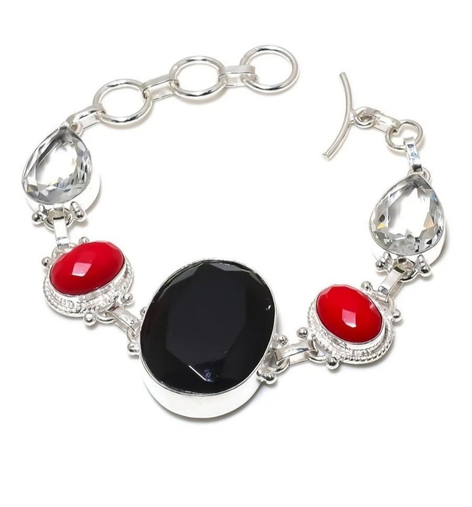 Silber, Schwarzer Spinell, Roter Korallen, Weißtopas - Kettenarmband #1.0