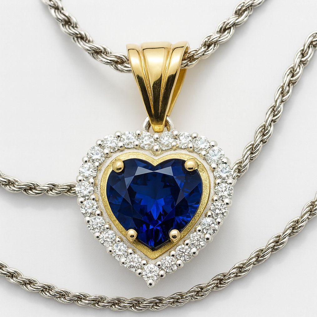 Sans prix de réserve - Collier avec pendentif - 18 carats Or jaune, Argent - 1.03ct. tw. Saphir - Diamant #1.0