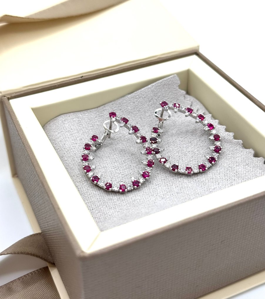 圈形耳环 - 18K包金 白金 - 4.70ct. tw. 红宝石 - 钻石 #3.2