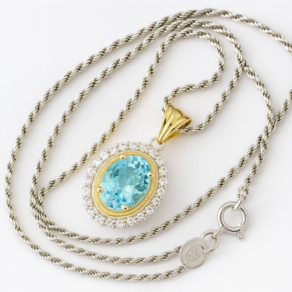 Senza prezzo di riserva - Collana con ciondolo - 18 carati Oro giallo, Argento -  1.72ct. tw. Acquamarina - Diamante #4.3