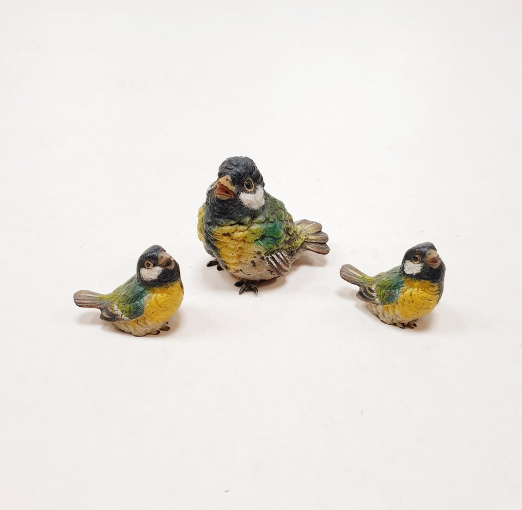 Fritz Bermann (?-1967) - Szobor, Ensemble 3 sculptures Mésange charbonnière et ses deux petits - 4.5 cm - Bronz de Vienne hidegcsiszolással #1.0