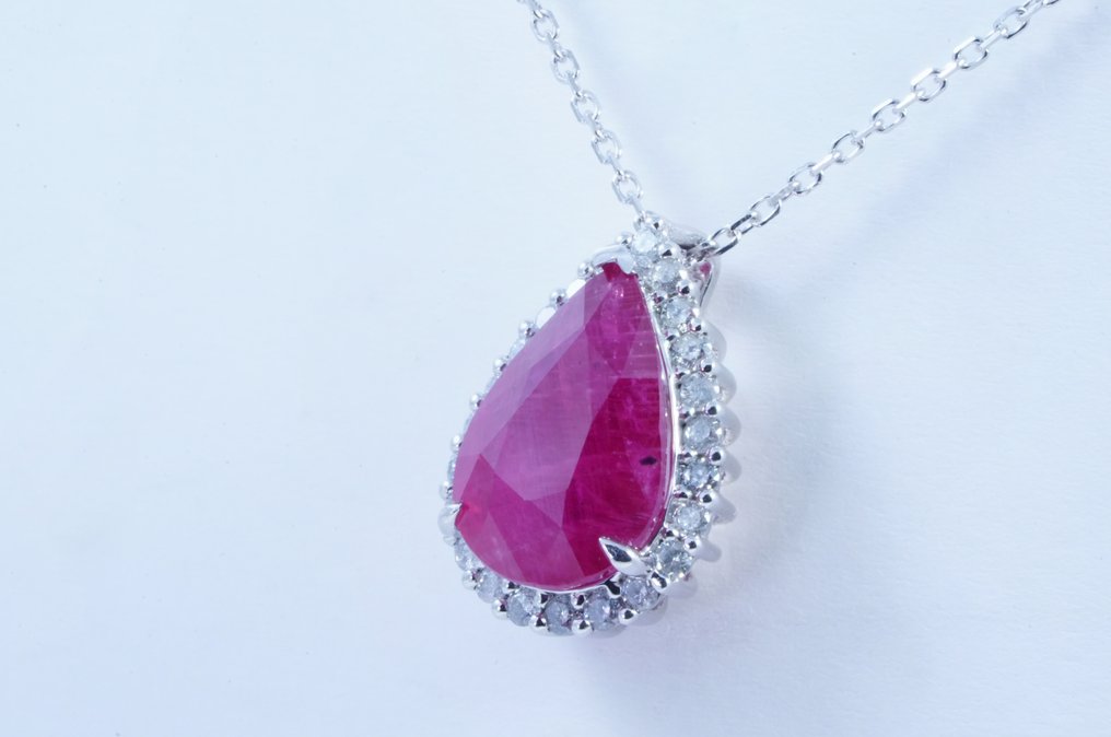 沒有保留價 - 吊墜頸鏈 - 18 克拉 白金 -  3.45ct. tw. 紅寶石 - 鉆石 #2.1