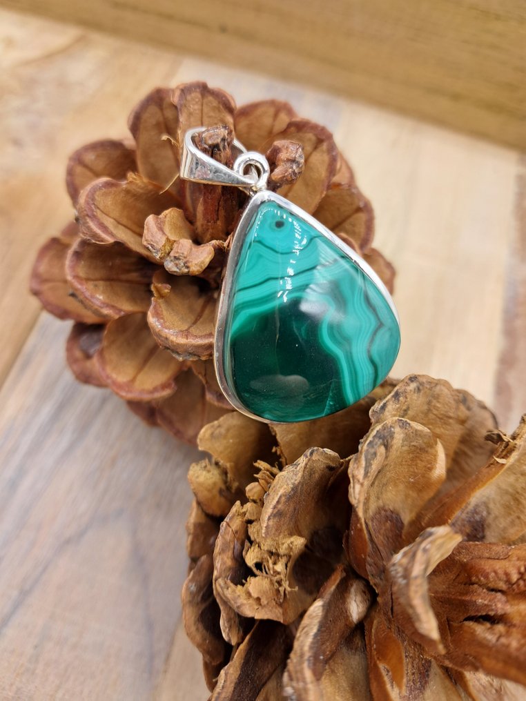 Ασημένιο κόσμημα 925 με μαλαχίτη κορυφαίας ποιότητας - Ύψος: 35 mm - Πλάτος: 23 mm- 10.3 g - (1) #1.0