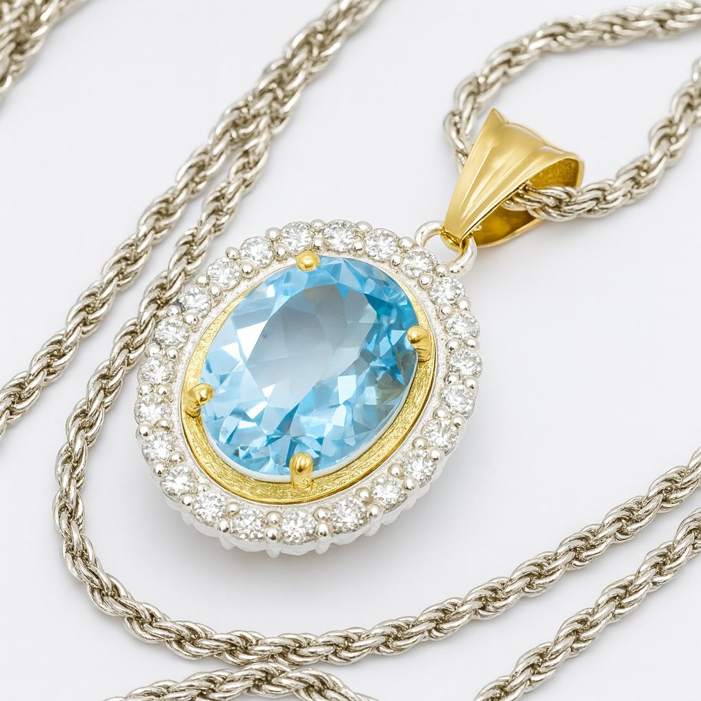 Senza prezzo di riserva - Collana con ciondolo - 18 carati Oro giallo, Argento -  1.72ct. tw. Acquamarina - Diamante #1.0