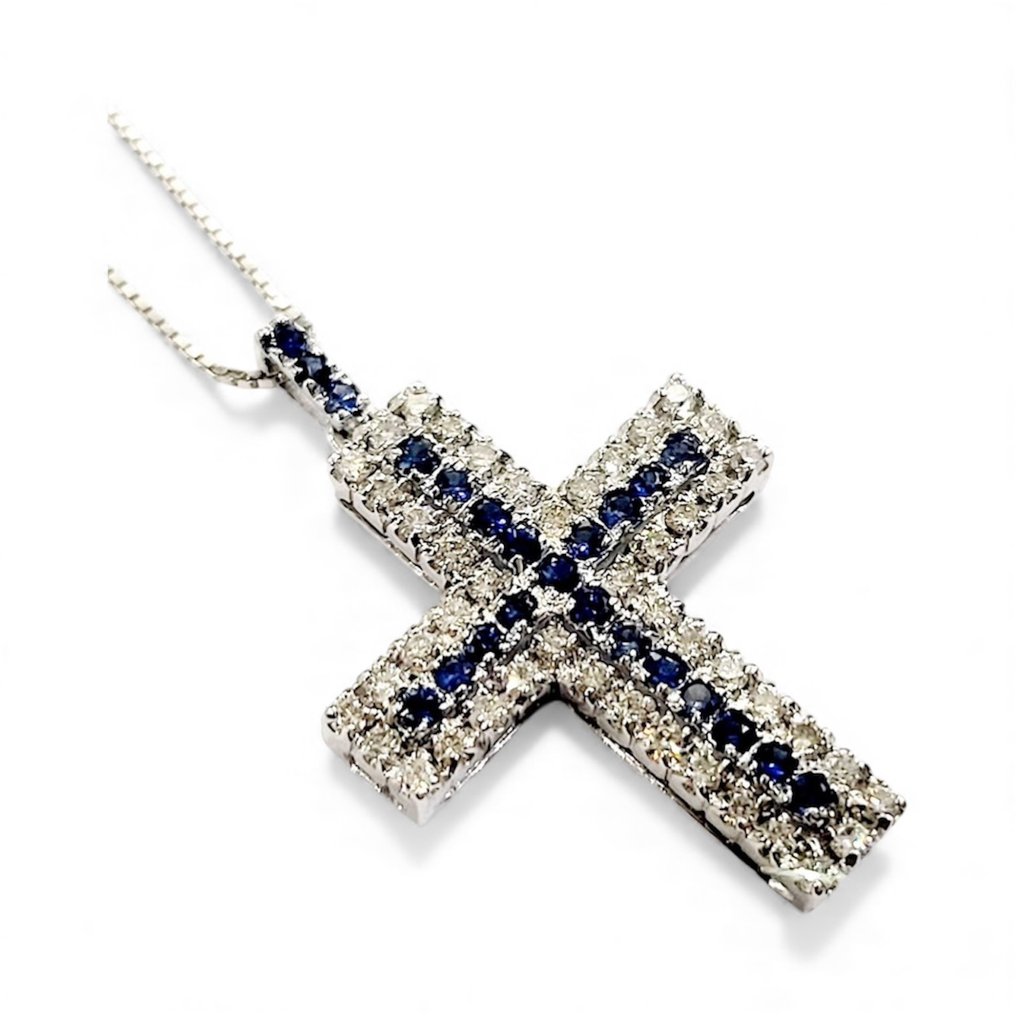 吊坠项链 - 18K包金 白金 -  1.90ct. tw. 蓝宝石 - 钻石 #1.0