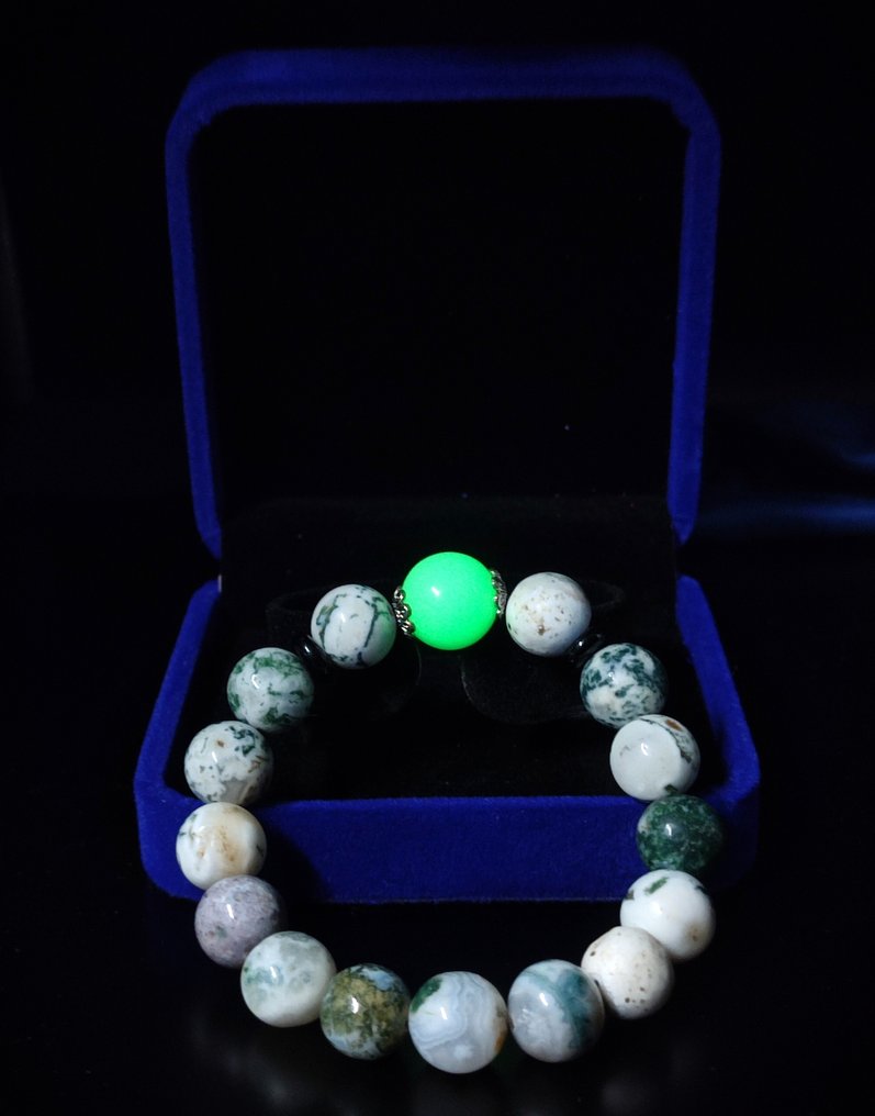 Bracelet exclusif en agate mousse magnifique avec perle de calcite centrée dans une boîte cadeau, - Bracelet #1.0
