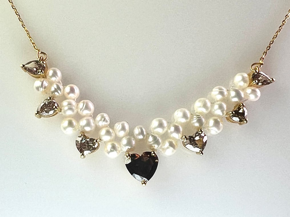 χωρίς τιμή ασφαλείας - Statement κολιέ - 14 καράτια Κίτρινο χρυσό -  17.01ct. tw. Διαμάντι (Φυσικό) - Μαργαριτάρι - Fancy Brown - SI1 #1.0