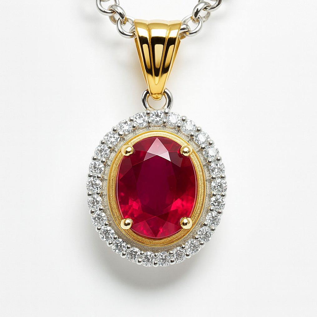 Fără preț de rezervă - Colier cu pandantiv - 18 ct. Aur galben, Argint - 1.57ct. tw. Rubin - Diamant #2.1