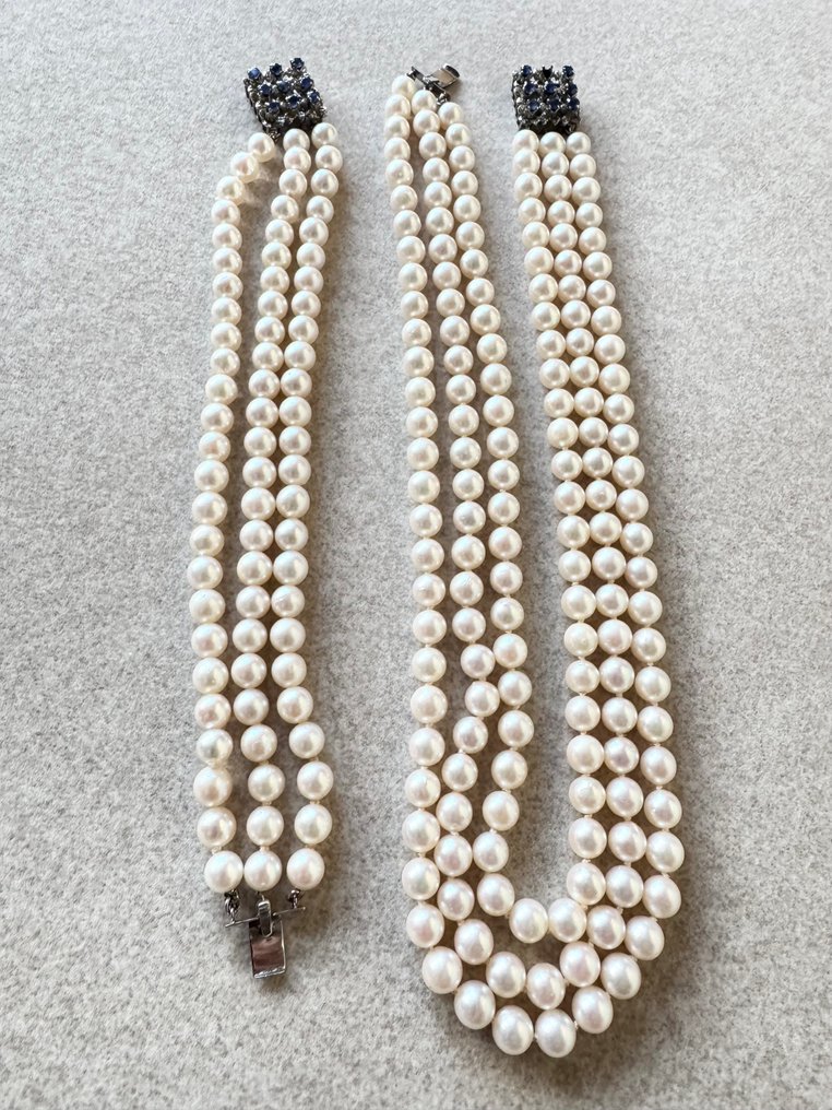 2件套珠宝 - 14K包金 白金, Akoyaperlen Saphire 珍珠 - 项链 + 手链 3排 #4.3