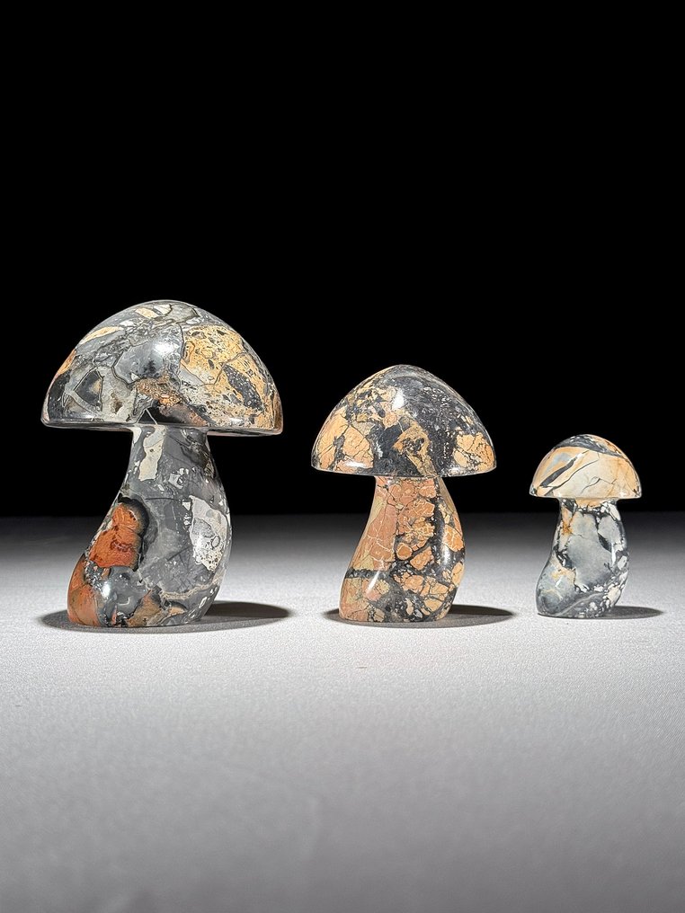 PREȚ FĂRĂ REZERVĂ - Set minunat de 3 Jasper Maligano roșu În formă de ciupercă - Înălțime: 10.2 cm - Lățime: 7.7 cm- 1000 g - (3) #1.0