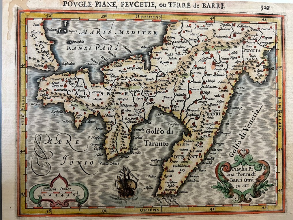 Italy - Gulf of Taranto, Strait of Otranto, and the main Apulian centers: Bari, Brindisi, Lecce.; Abraham Ortelius (1527-1598) - Povgle Piane, Pevcetie, ou Terre de Bari” - 1601-1620 #2.1
