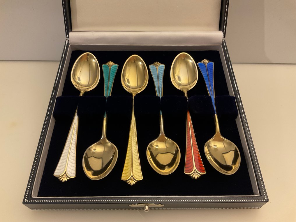 David Andersen - Cucchiaino da tè (6) - Set di 6 cucchiaini in argento sterling norvegese placcato smaltato, in scatola con scomparti - Argento Sterling 925 #4.3