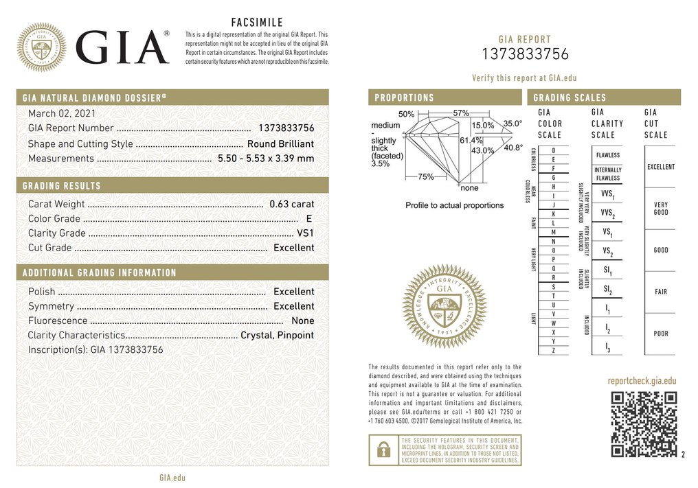 1 pcs 鑽石 (天然) - 0.63 ct - 圓形 - E(近乎完全無色) - VS1 - 美國寶石學院(Gemological Institute of America (GIA)) - 璀璨鑽石 #2.1