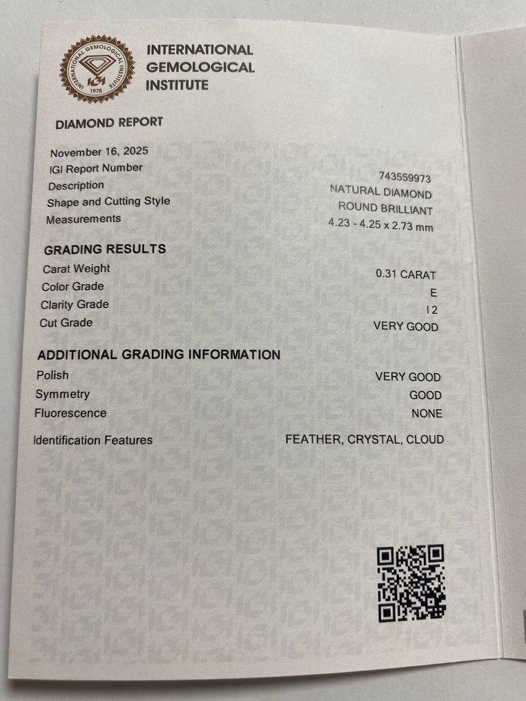 No reserve price - 1 pcs Diamond  (Natural)  - 0.31 ct - Round - E - I2 - International Gemological Institute (IGI) #3.2