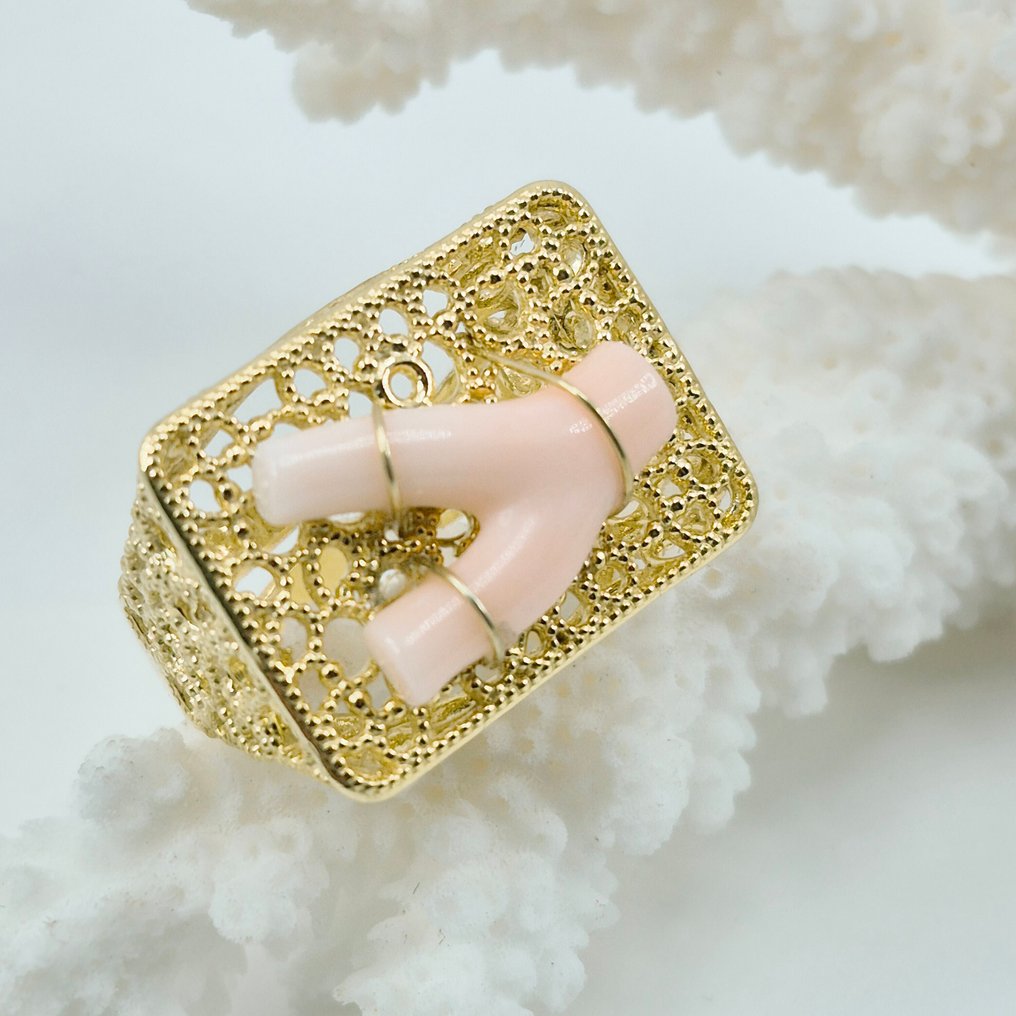 Coral - Argint, Placat cu aur - Inel - Corallo Rosato #1.0