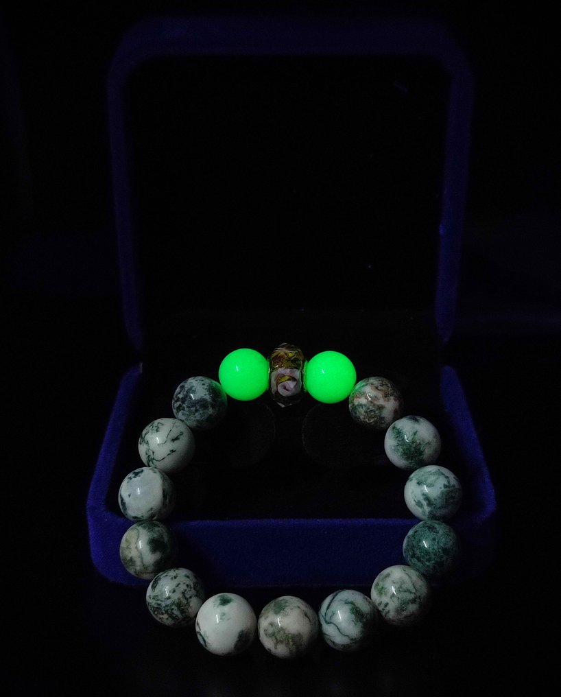 独家款式美丽的苔藓玛瑙配两块方解石和中心的穆拉诺珠手链，配有礼品盒。 - 手镯 #2.1