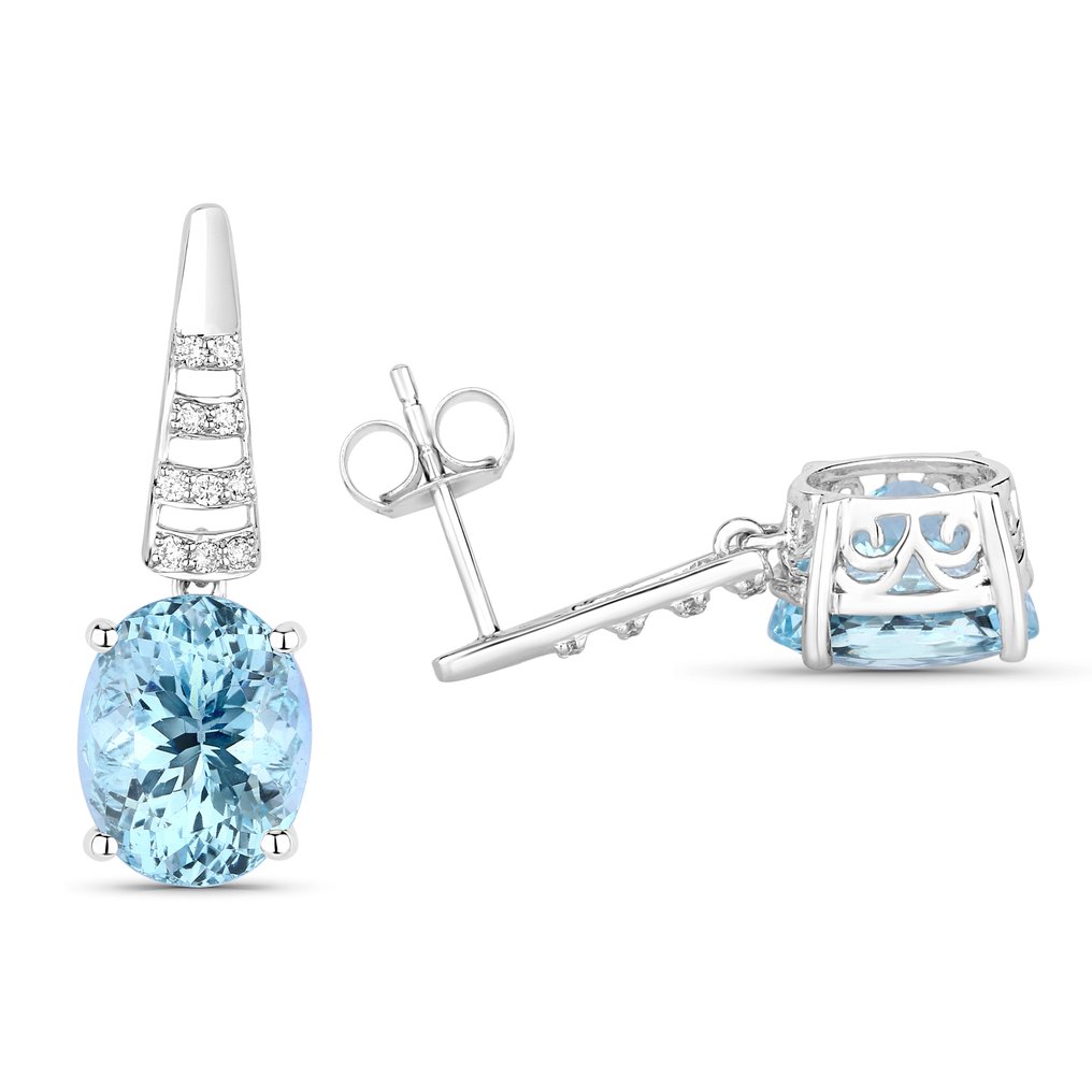 Drop fülbevaló - 14 kt. Fehér arany -  6.50ct. tw. Akvamarin - Gyémánt #4.3