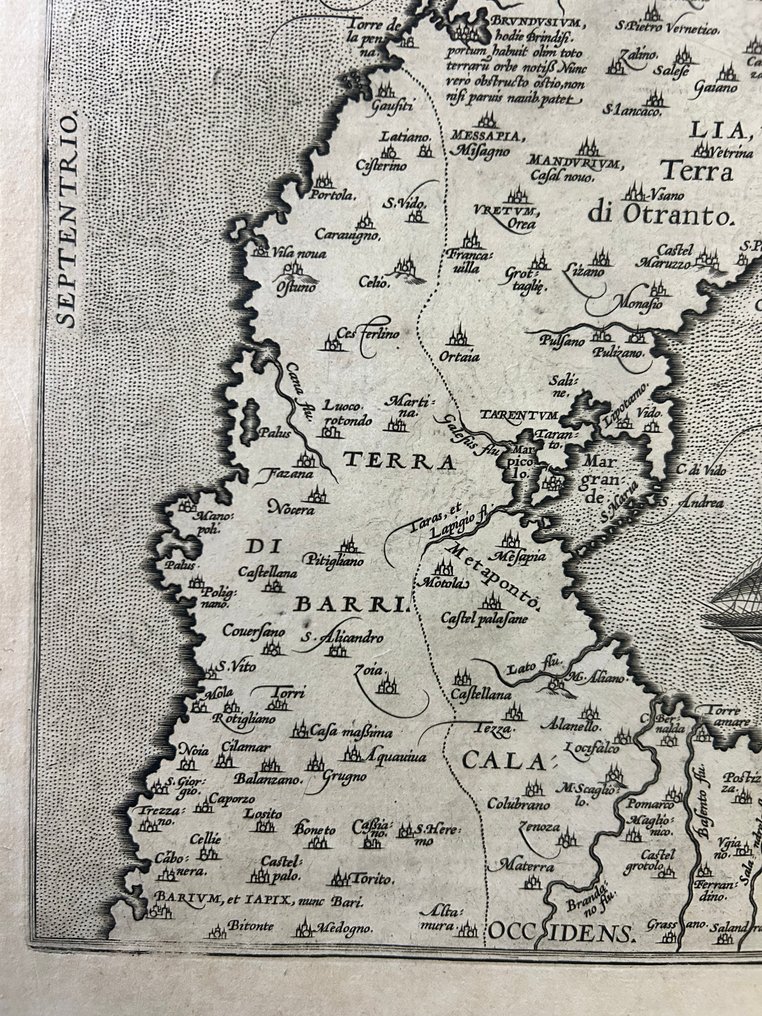 Italy - Puglia; Abraham Ortelius (1527–1598) cartiglio  “Iacobo Castaldo Auctore” - Apuliae quae olim Iapygia, nova corographia - 1551-1560 #3.2