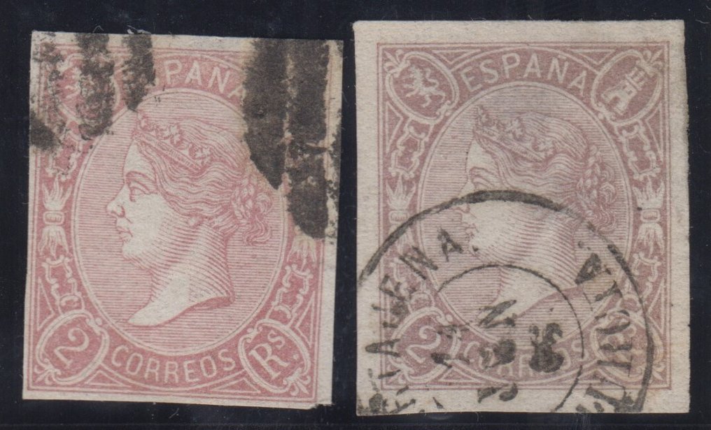 西班牙 1865 - 伊莎贝尔二世。2雷亚尔紫色和三文鱼色。 - Edifil 73 + 73A #1.0