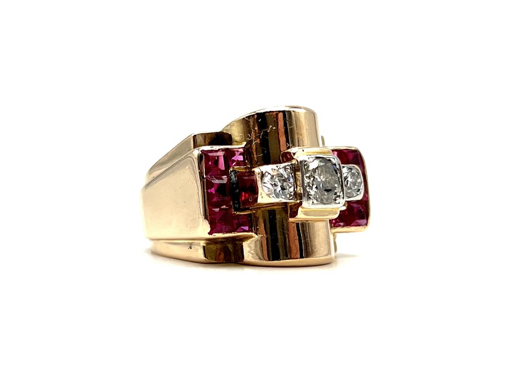 戒指 - 18K包金 玫瑰金 红宝石 - 钻石 #1.0